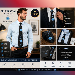 Gravata Floral Azul Preto Elegante Flor de Botân