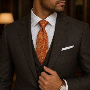 Gravata Floral Barroco Vintage Laranja e Dourado