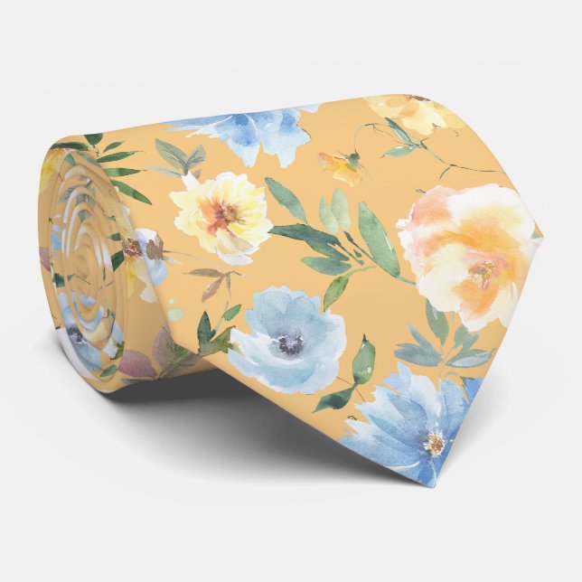 Gravata Floral Blue e Yellow Flowers Neck Necktie (Rolled)