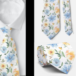 Gravata Floral Blue e Yellow Flowers Neck Necktie