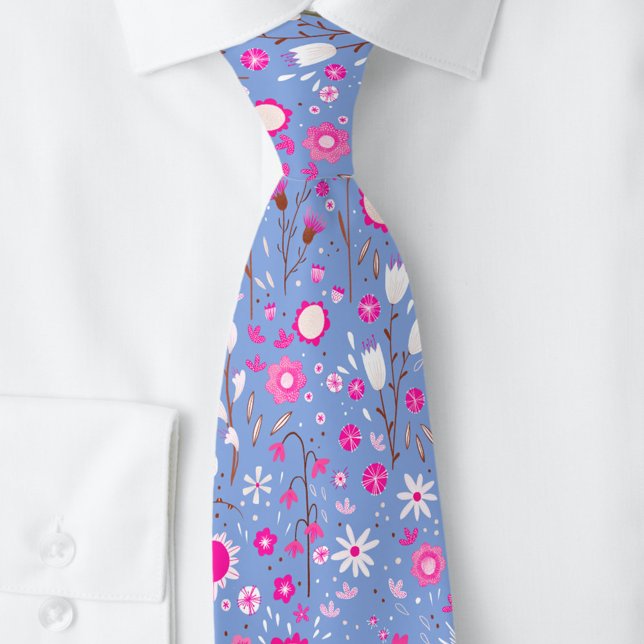Gravata Floral Botânico Azul (Blue and pink modern floral botanical neck tie)