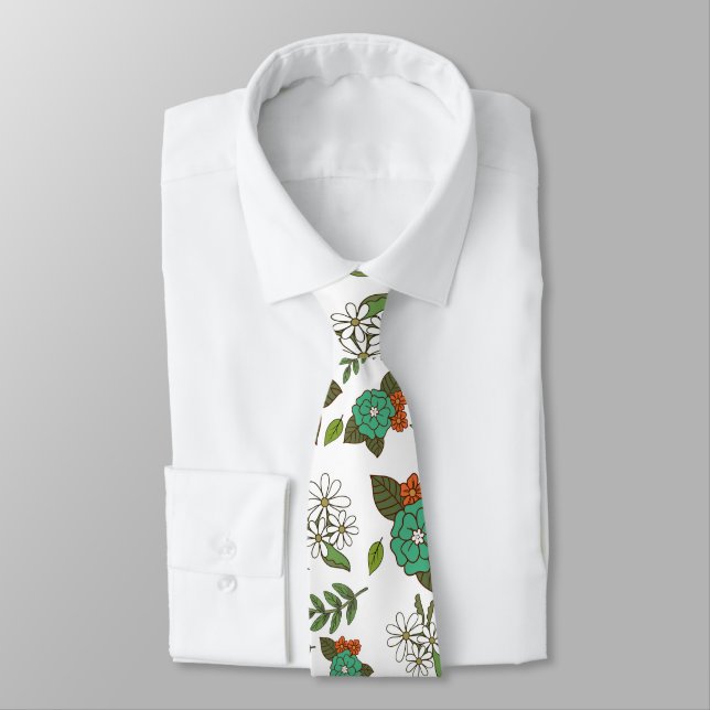 Gravata Floral Branco e Verde Retro (Amarrado)