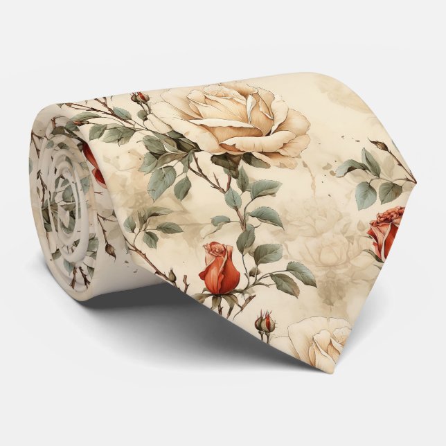 Gravata Floral de bege de Rosa de pintura elegante (Rolled)