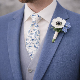 Gravata Floral de Eucalipto em Aquarela Azul Desbotado