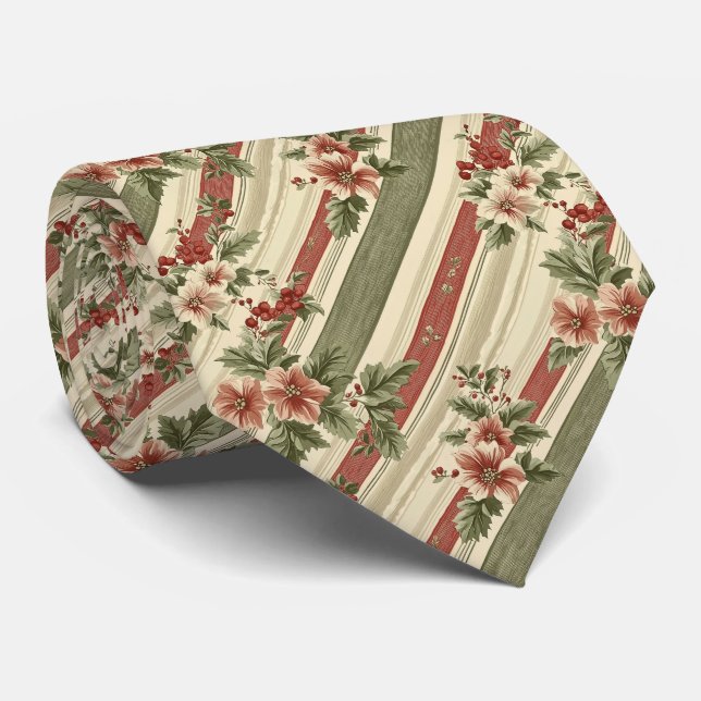 Gravata Floral Diagonal de Natal com Frutas Vermelhas Rúst (Rolled)