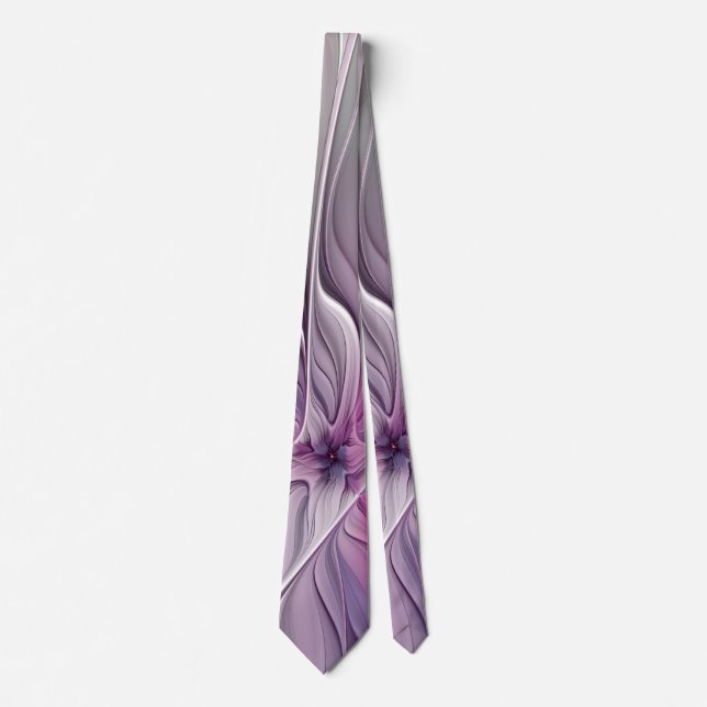 Gravata Floral Fractal Moderno Abstrato Flor Rosa Cinza (Frente)