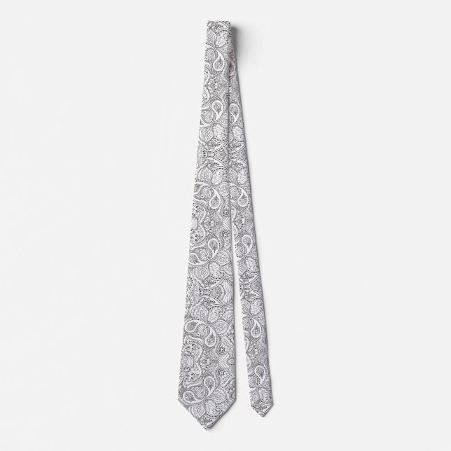 Gravata Floral Preto e branco Paisley  (Frente)