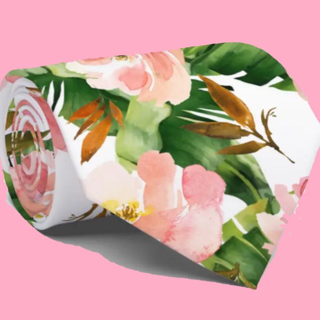 Gravata Floral Tropical Palmeira Flores Rosa Botânico (Criador carregado)