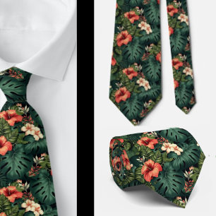 Gravata Floral Tropical Verde Aloha Havaí Havaiano