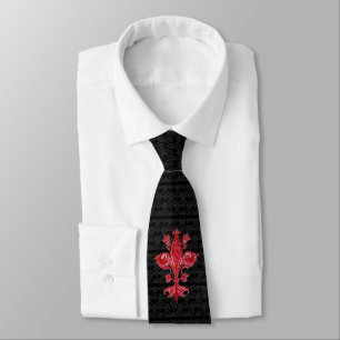 GRAVATA FLORENTINE RED LILY, FLEUR DE LIS, BLACK DAMASK