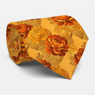 Gravata Flores Abundantes Dourado Laranja Art Déco