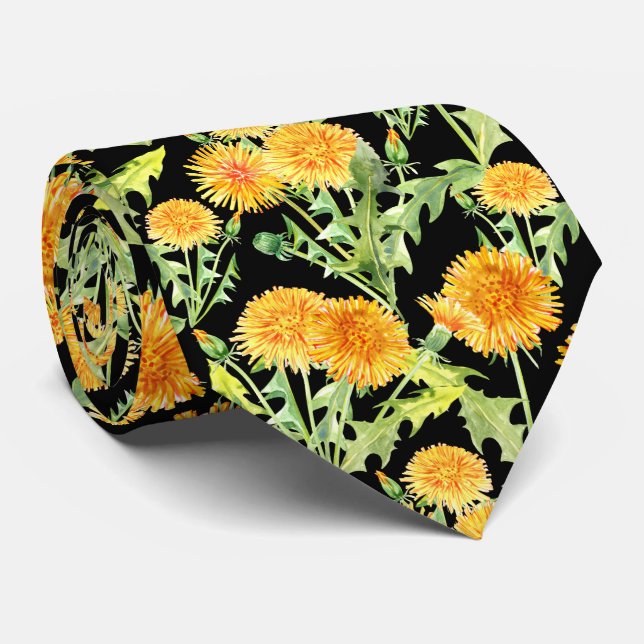 Gravata Flores Amarelas de Dente-de-Leão em Preto (Rolled)