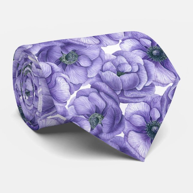 Gravata Flores anêmonas violetas padrão aquarela (Rolled)