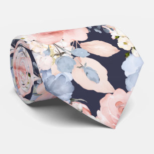 Gravata Flores Aquarela Azul Empoeirado Rosas Rosa Empoeir