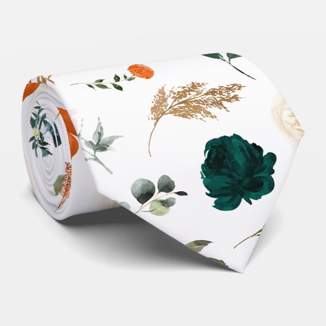 Gravata Flores Aquarela Floresta Verde Ferrugem Laranja Ro (Rolled)