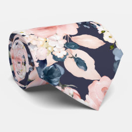 Gravata Flores Aquarela Fundo DIY Rosas Azul Marinho Bege
