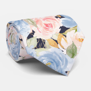 Gravata Flores Aquarela Rosas Azul Empoeirado Rosa Empoeir