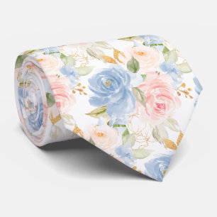 Gravata Flores Aquarela Rosas Azul Empoeirado Rosa Empoeir