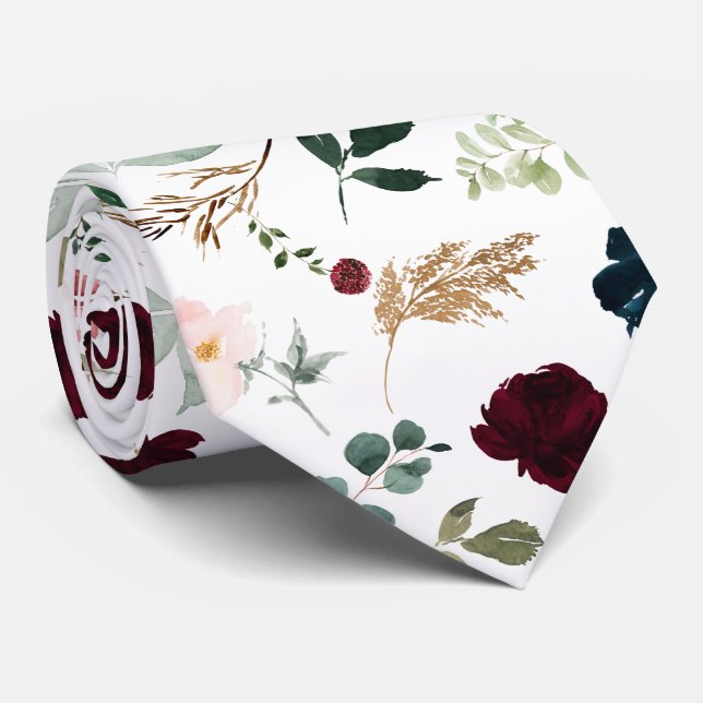 Gravata Flores Aquarela Rosas Bege Burgundy Azul Marinho (Rolled)