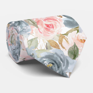 Gravata Flores Aquarela Tons Azul Ardósia e Rosa Bege Rosa