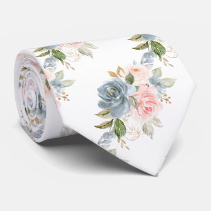 Gravata Flores Aquarela Tons Azul Ardósia e Rosa Bege Rosa