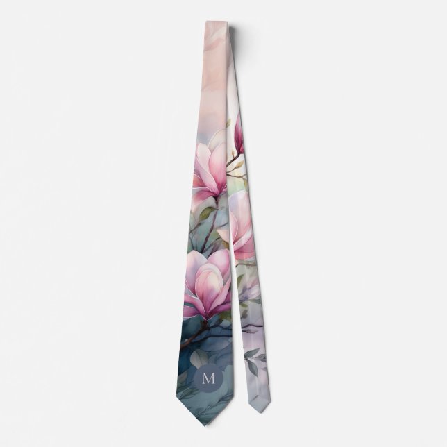 Gravata Flores Botânicas de Magnólia Rosa Monogramadas (Frente)