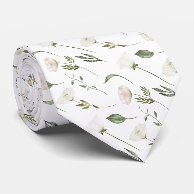 Gravata Flores Brancas Delicadas Folhas Verdes Sobre Branc (Rolled)