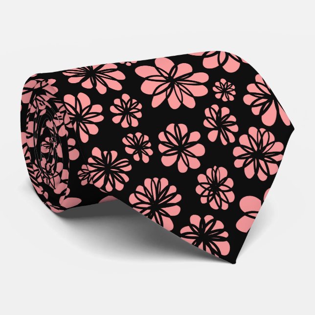 Gravata Flores - Cor-de-rosa macio em preto (Rolled)