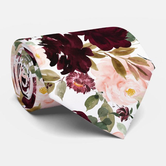 Gravata Flores de Aquarela Blush Borgonha (Rolled)