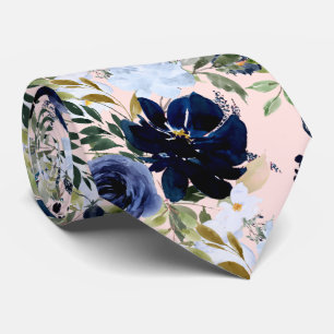 Gravata Flores de Aquarela de Marinho Azul Pó-Rosa PixDezi
