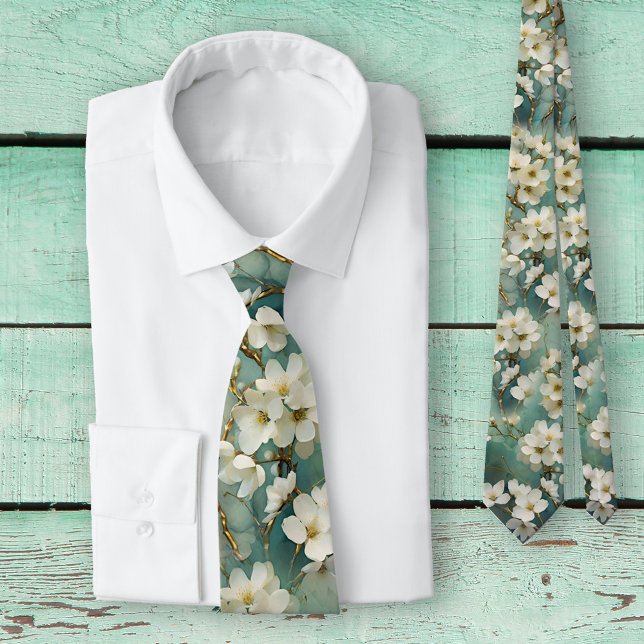 Gravata Flores de Aquarela Design artística (Tie with an artistic floral design in gold and teal colors with ivory. Beautiful for a wedding ...)