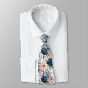 Gravata Flores de Aquarela Rosas Azuis Navy Empoeiradas