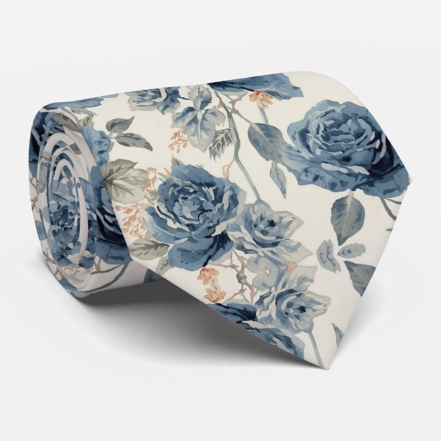 Gravata Flores de Aquarela Rosas Azuis Navy Empoeiradas (Rolled)