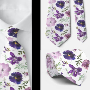 Gravata Flores De Aquarelas Brancas De Lavanda Roxa