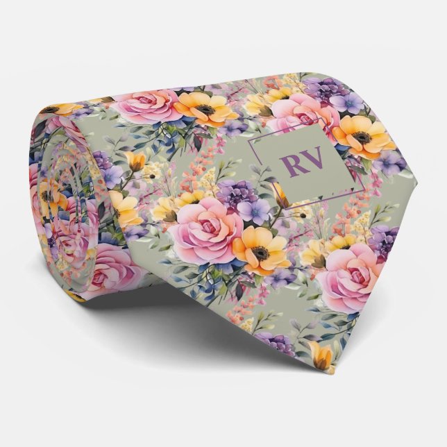 Gravata Flores de Aquarelas Verdes Elegantes Blush Pink Sa (Rolled)