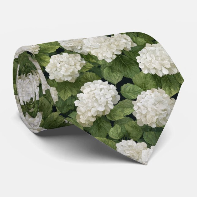 Gravata Flores de Hortênsia Branca com Padrão de Folhas Ve (Rolled)