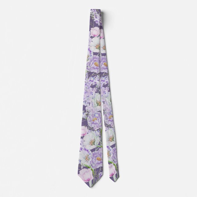 Gravata Flores de Lilás em Aquarela em Roxo (Frente)