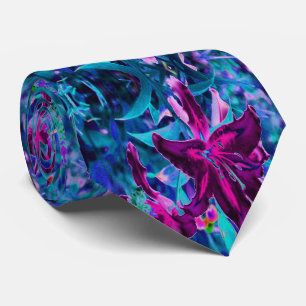 Gravata Flores de Lírio Oriental Abstratas Roxas e Rosa Qu