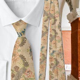 Gravata Flores de Pêssego Suave Folhas de Oliveira