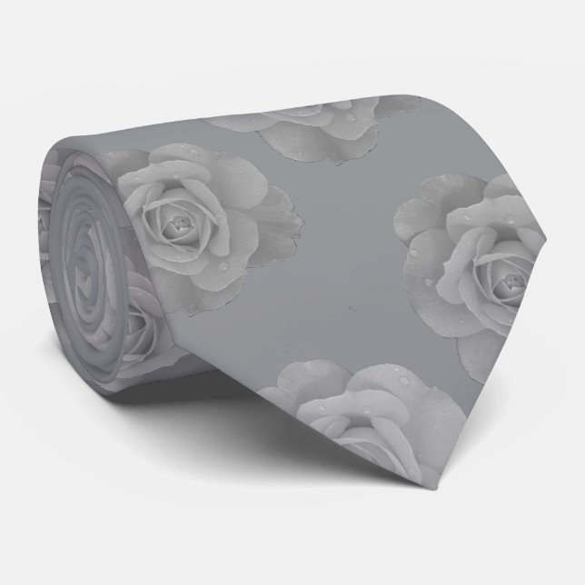 Gravata Flores de Rosa Cinza Preto e Branco Resfriar (Rolled)