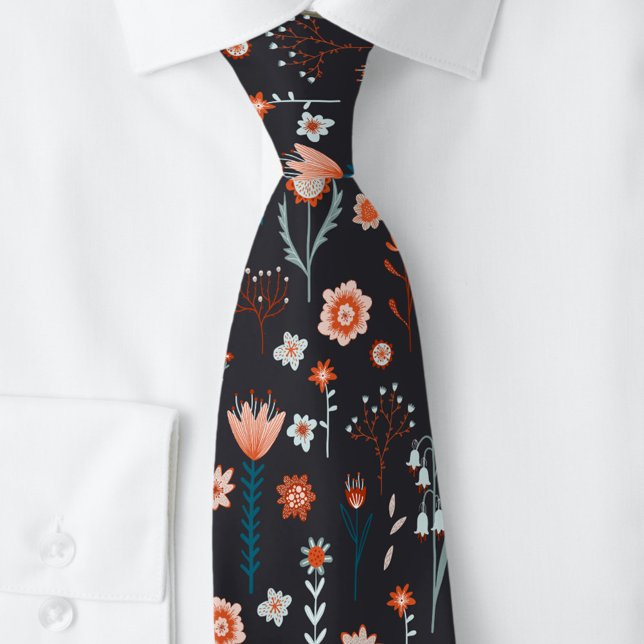 Gravata Flores de Verão Escandinavas Escuras (Scandinavian floral dark neck tie)