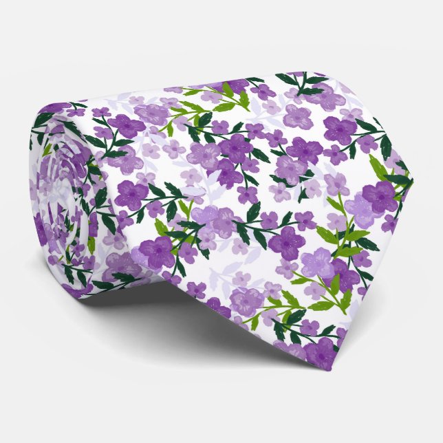 Gravata Flores e Folhas Roxas Casamento Aquarela (Rolled)