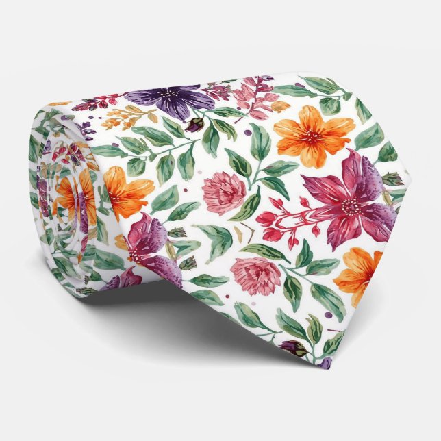Gravata Flores Elegantes de Verão em Aquarela Tons Vibrant (Rolled)