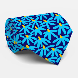 Gravata Flores Estilizadas - Azul-céu, âmbar e Azul escuro