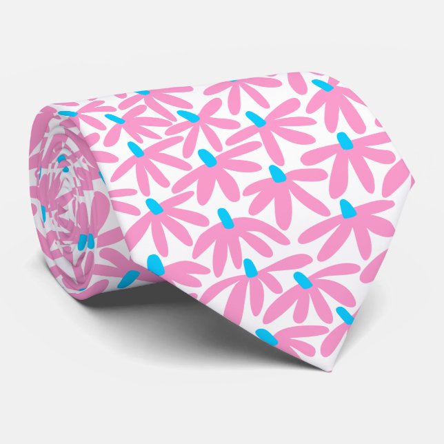 Gravata Flores Estilizadas - Rosa, Azul-Céu e Branco (Rolled)