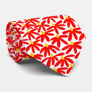 Gravata Flores Estilizadas - Vermelho, Âmbar e Branco