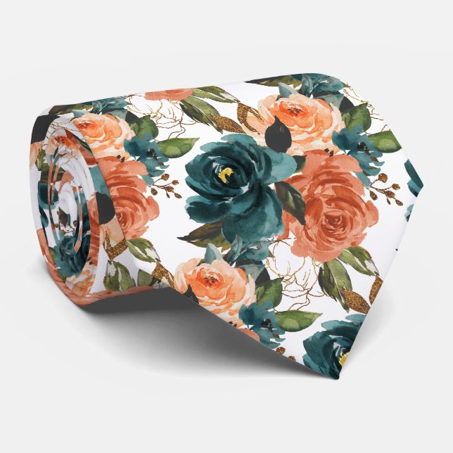 Gravata Flores H2 Azul Turquesa e Laranja Ferrugem Rosas   (Rolled)