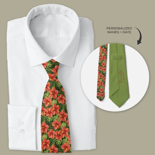 Gravata Flores Hibiscus Havaianas Personalizadas (Personalized Plumeria Hawaiian flowers wedding neckties for groomsmen)