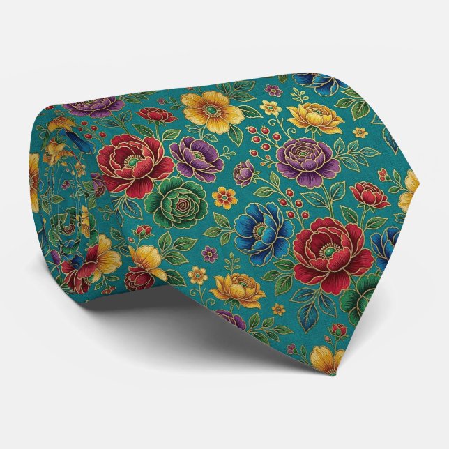 Gravata Flores Jeweltone com Acentos Dourados (Rolled)