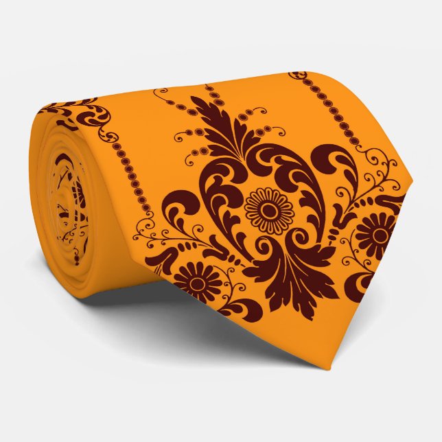 Gravata flores laranja e estampa de volutas (Rolled)